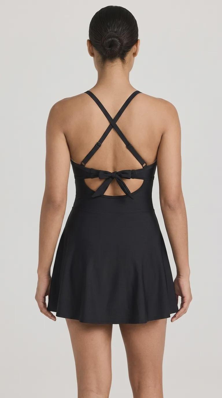 Retro Skirted One-Piece Swimsuit with Cut-Out Detail | Integrated Bottoms | Black