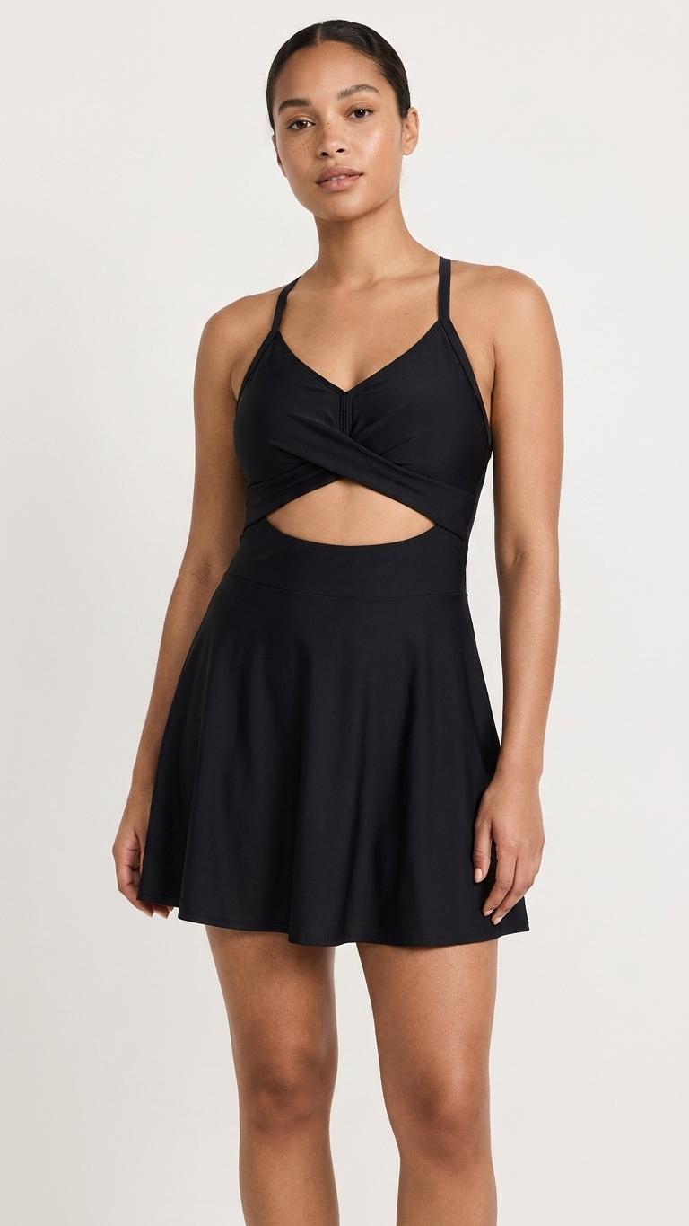 Retro Skirted One-Piece Swimsuit with Cut-Out Detail | Integrated Bottoms | Black