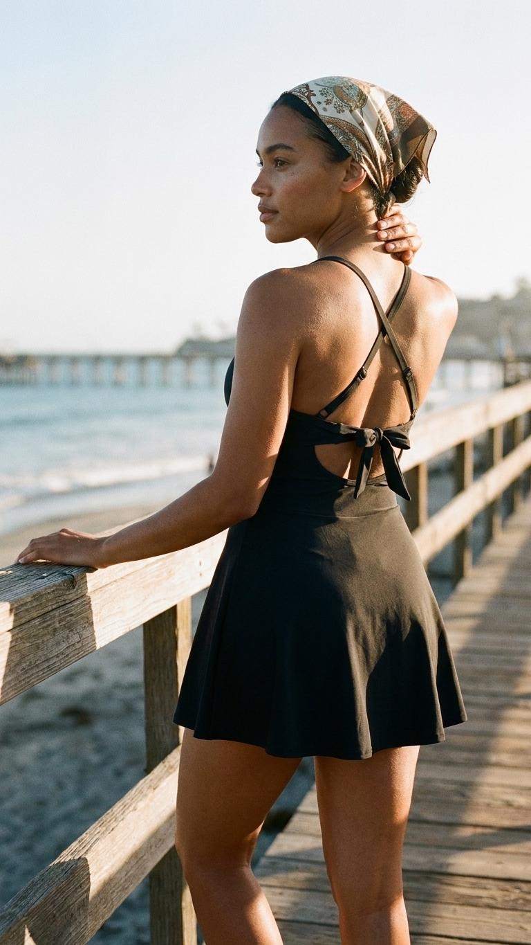 Retro Skirted One-Piece Swimsuit with Cut-Out Detail | Integrated Bottoms | Black