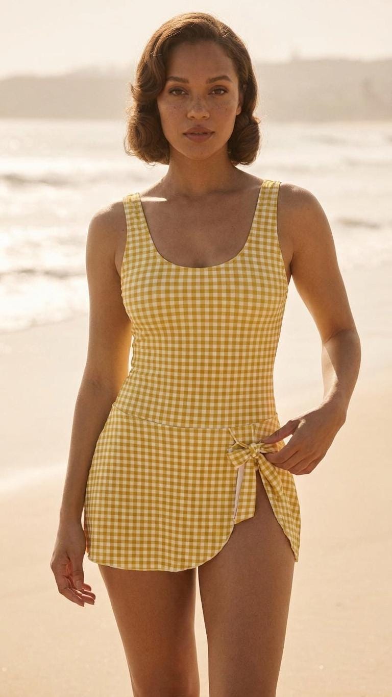 Retro Skirted One-Piece Swimsuit with Side Knot | Integrated Bottoms | Yellow Gingham