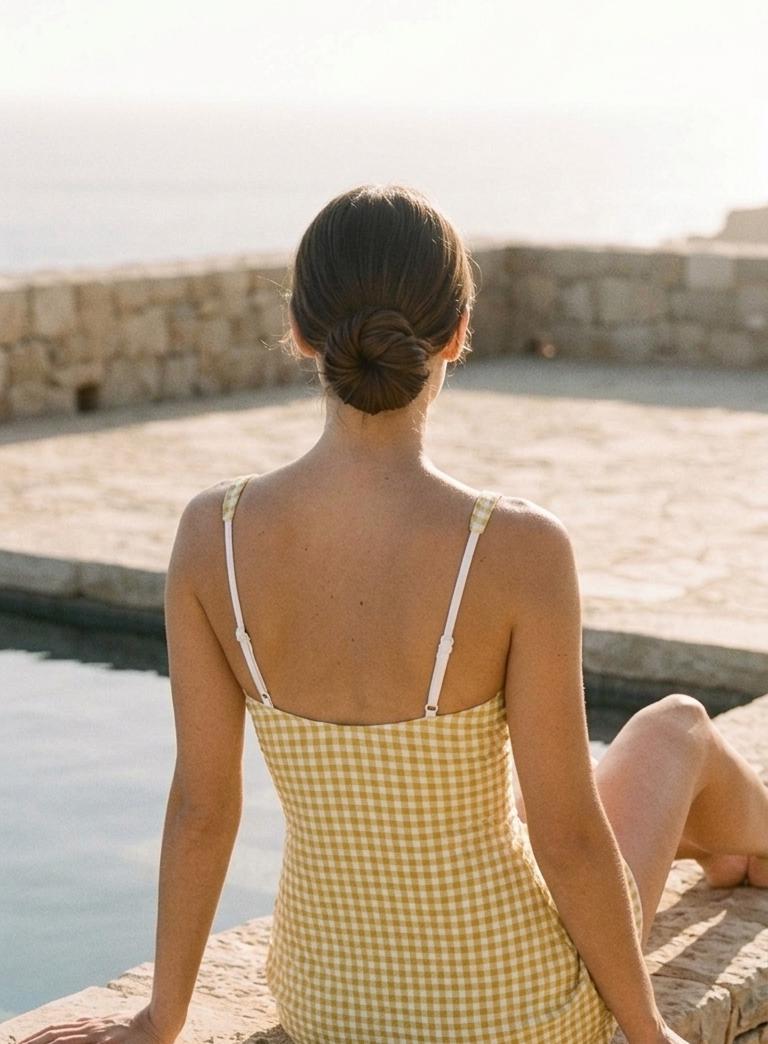 Retro Skirted One-Piece Swimsuit with Side Knot | Integrated Bottoms | Yellow Gingham