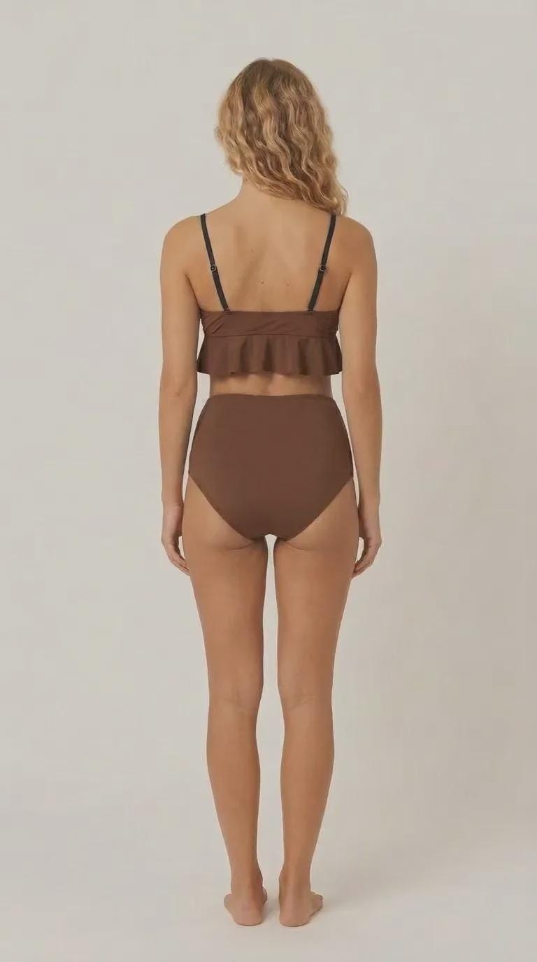 Chocolate Brown Ruffle Hem Bikini Swimsuit | High Waisted Ruched Two-Piece Retro Swimwear