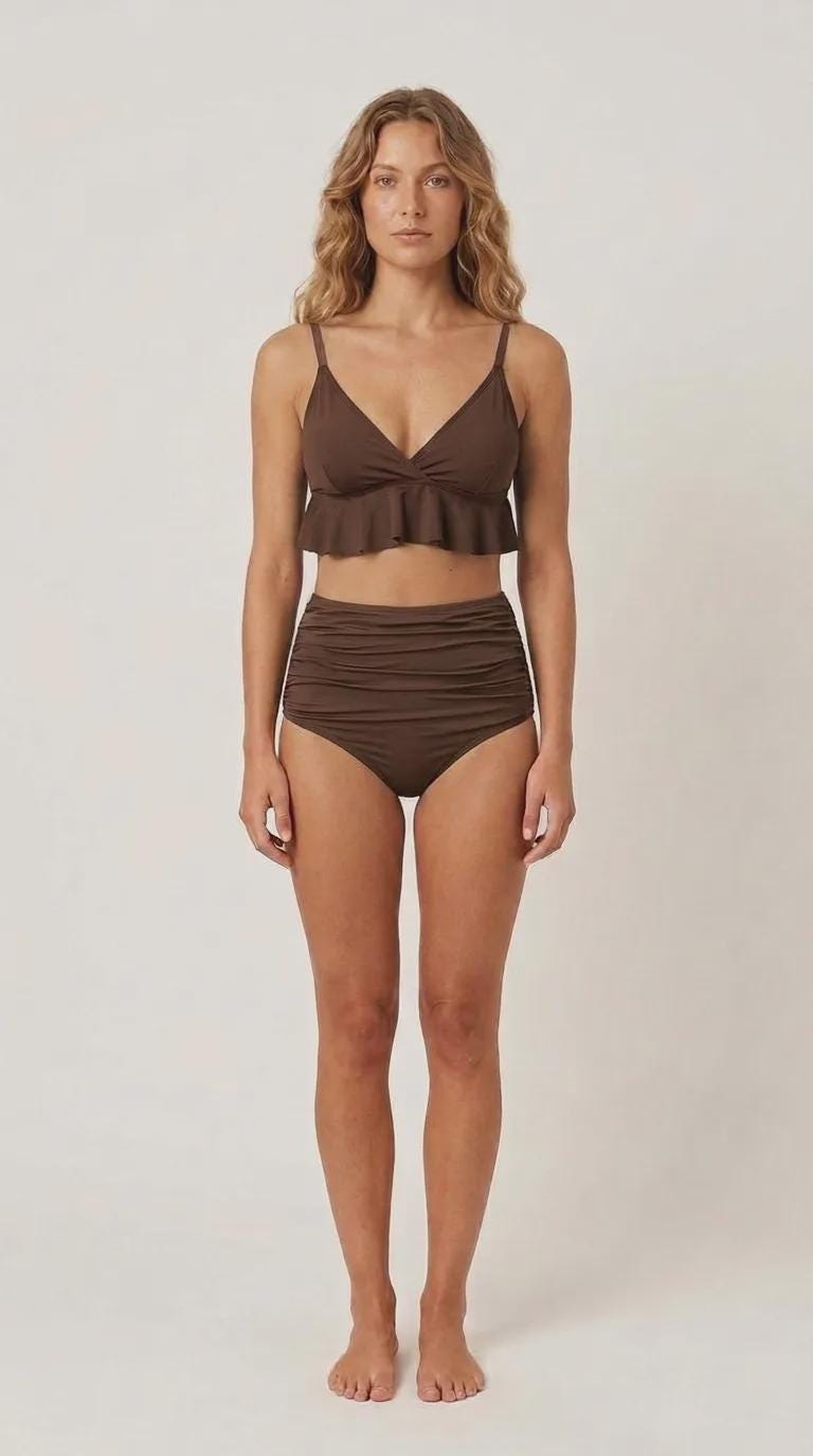 Chocolate Brown Ruffle Hem Bikini Swimsuit | High Waisted Ruched Two-Piece Retro Swimwear