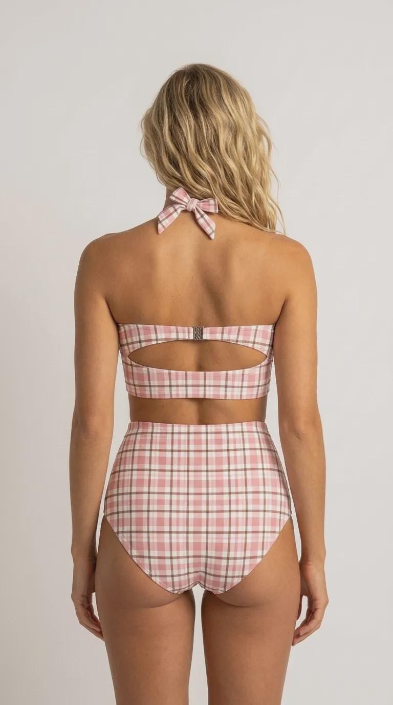 Retro Sweetheart High-Waist Bikini, 1970s-Inspired Pin Up Halter Swimsuit, Blush & Brown Plaid