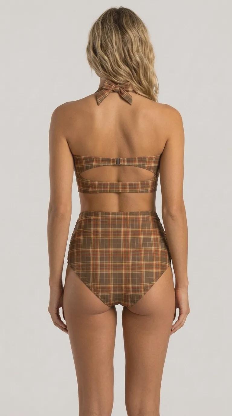 Retro Sweetheart High-Waist Bikini, 1970s-Inspired Pin Up Halter Swimsuit, Brown Plaid