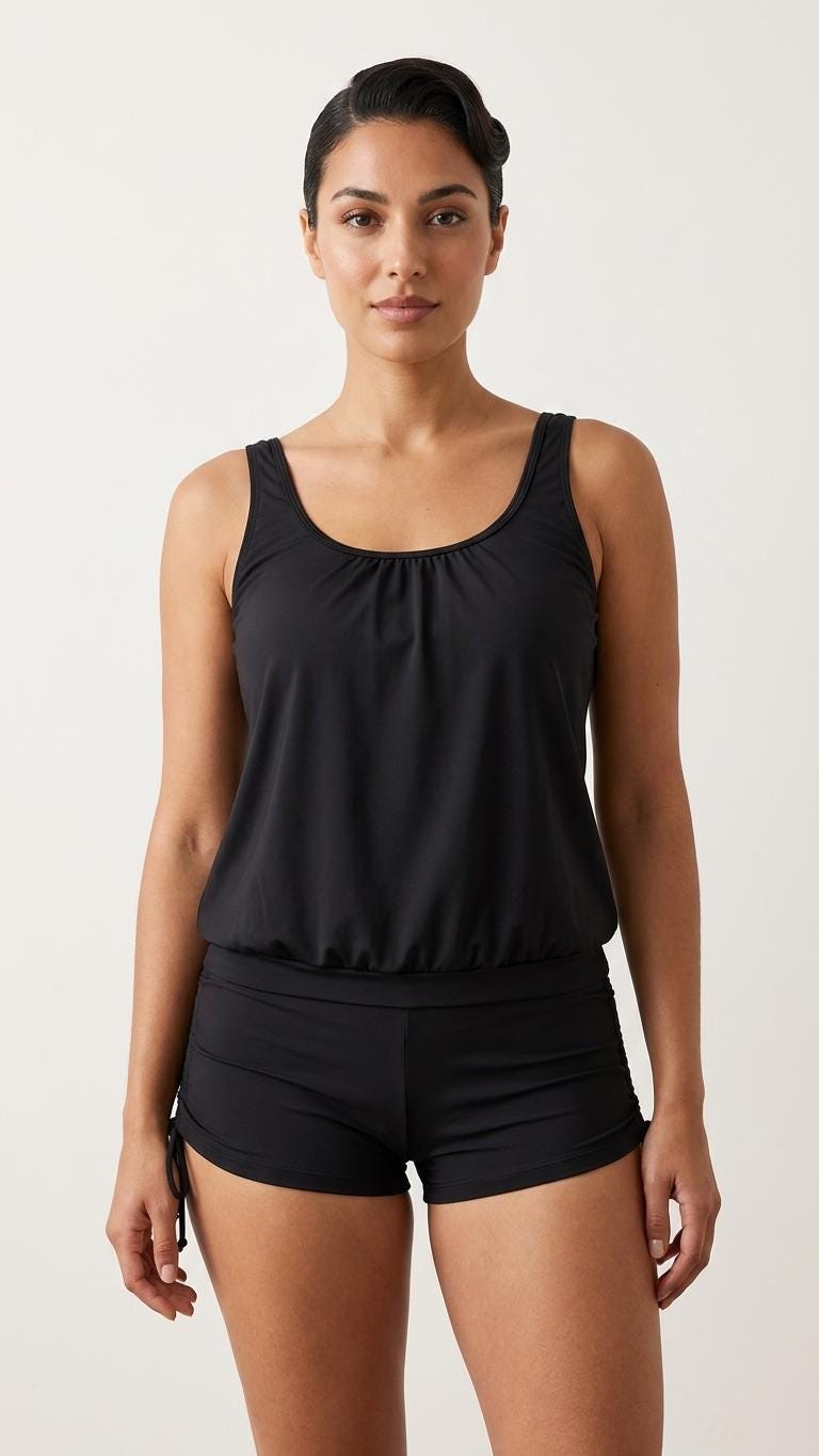 Black Drawstring Tankini Set with Boyshorts