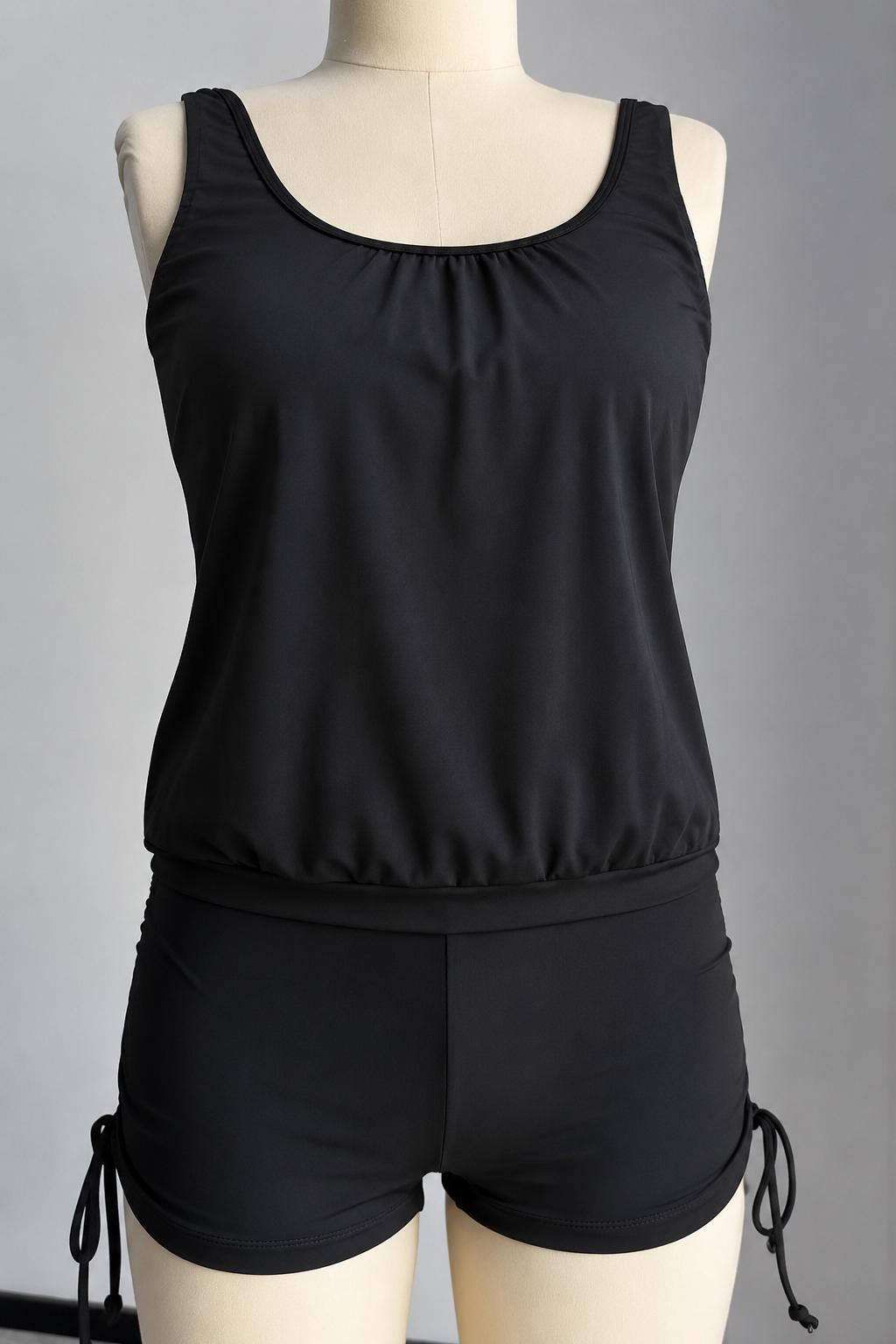 Black Drawstring Tankini Set with Boyshorts