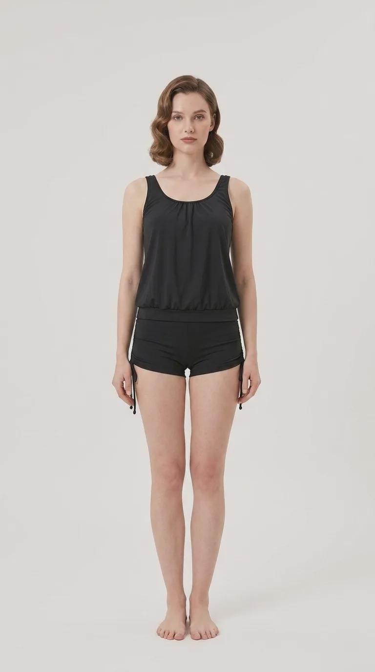 Black Drawstring Tankini Set with Boyshorts