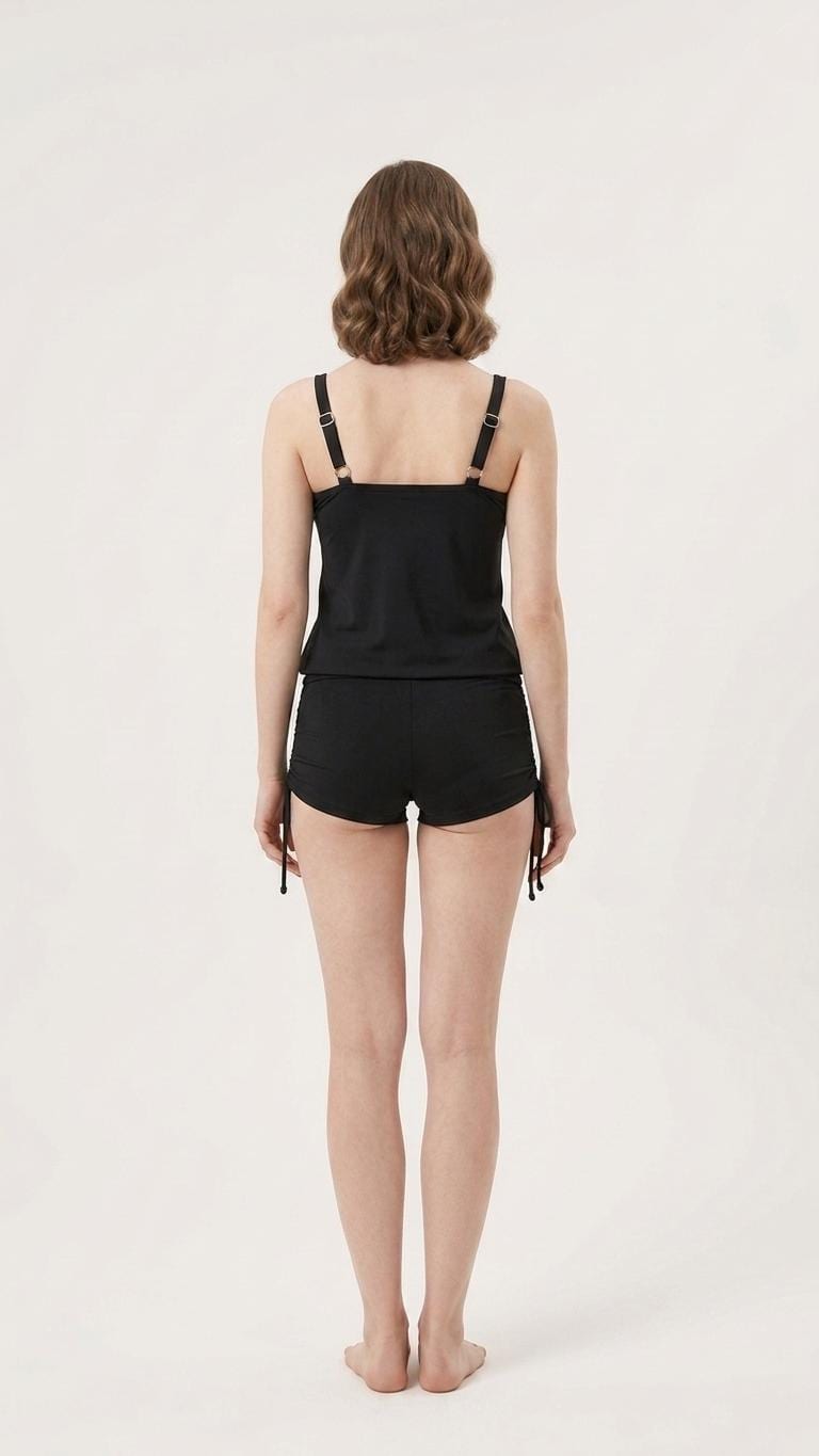 Black Drawstring Tankini Set with Boyshorts