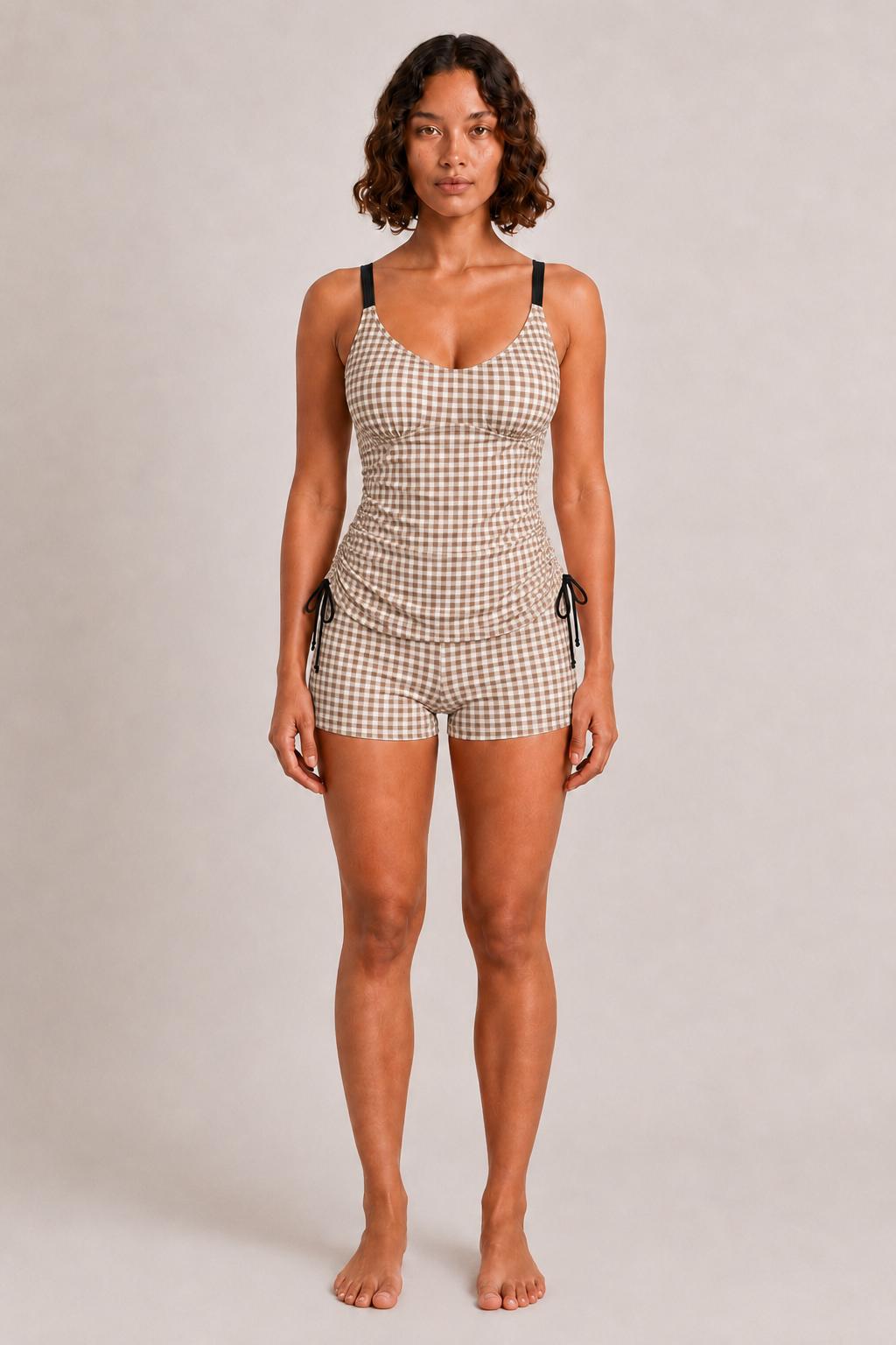 Drawstring Tankini Two-Piece Swimsuit, Boy Short Bottoms, Adjustable Criss-Cross Back Straps, Retro Brown Gingham
