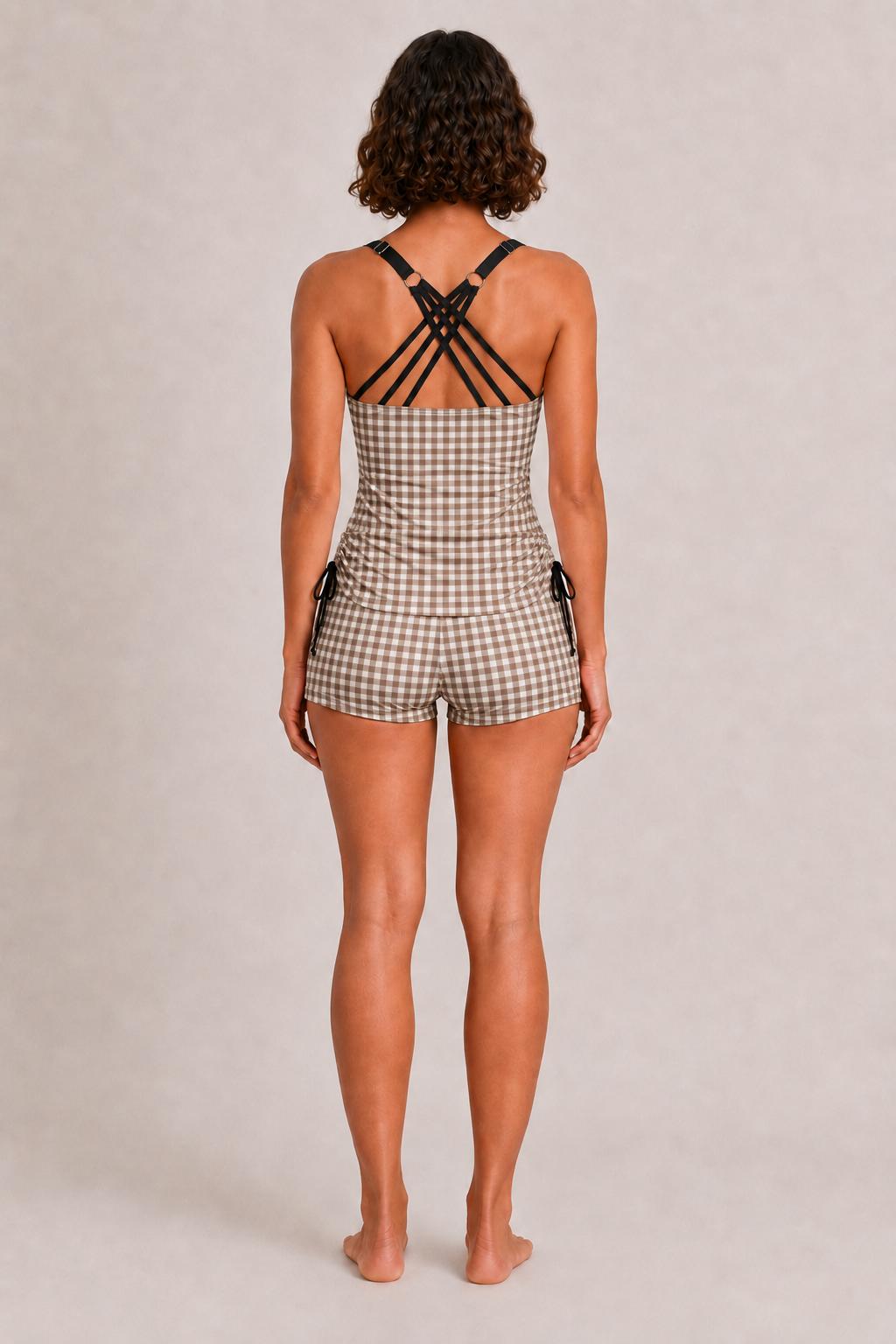 Drawstring Tankini Two-Piece Swimsuit, Boy Short Bottoms, Adjustable Criss-Cross Back Straps, Retro Brown Gingham