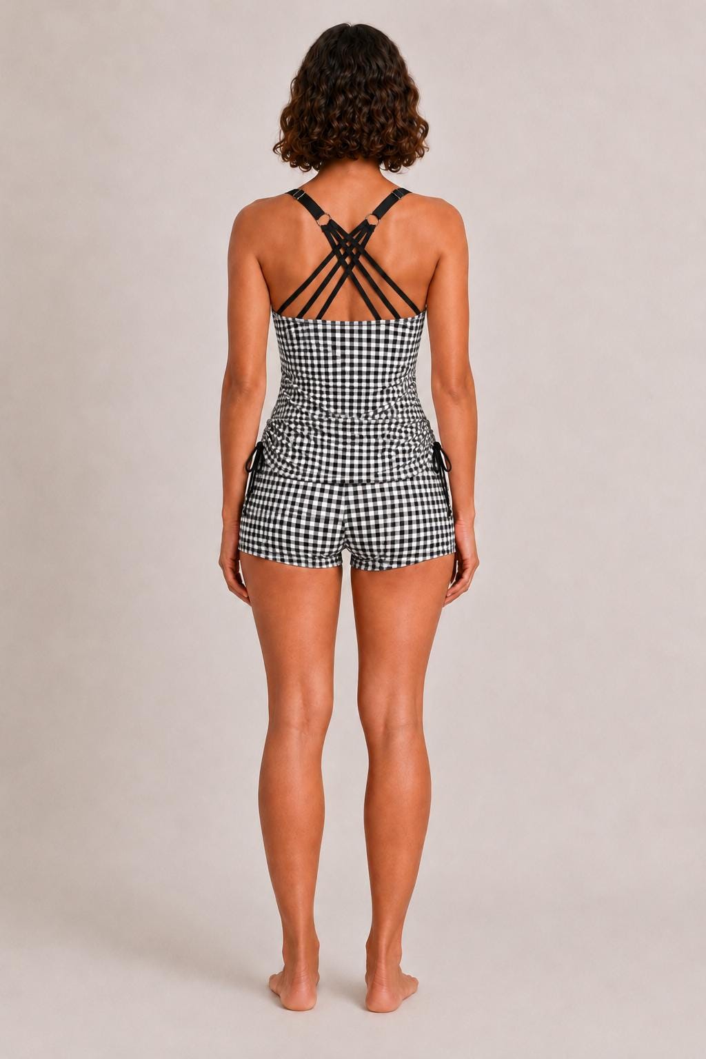 Drawstring Tankini Two-Piece Swimsuit, Boy Short Bottoms, Adjustable Criss-Cross Back Straps, Retro Black Gingham