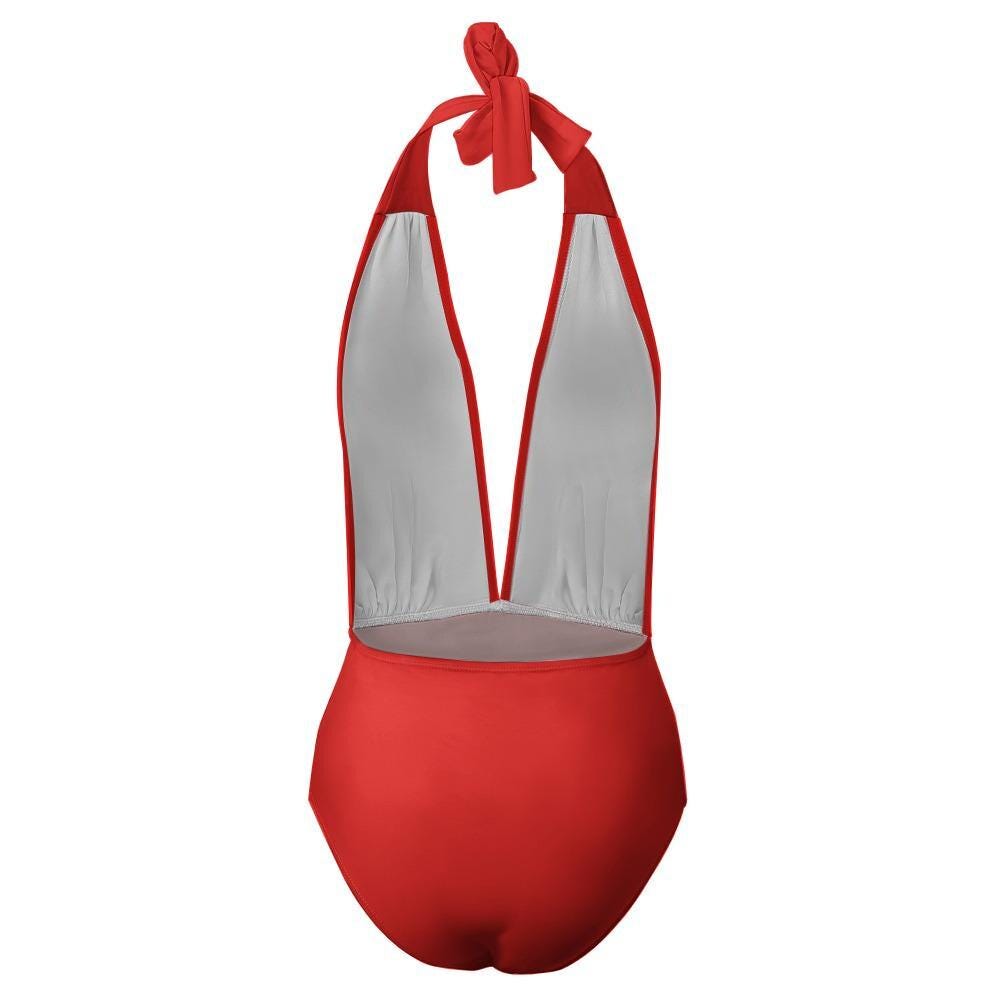 Retro Monroe Fiery Red Halter Plunge One Piece Swimsuit