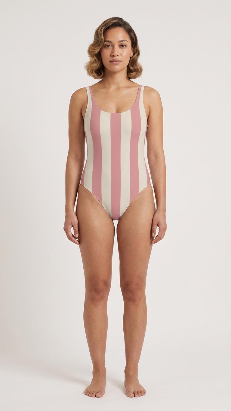 Cream & Pink Striped One Piece Swimsuit - Coastal Bathing Suit - Retro Summer Swimwear - Vintage-Inspired One-Piece