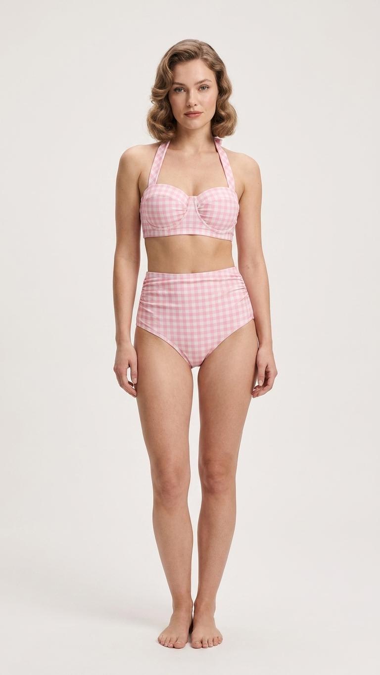 Retro Sweetheart High-Waist Bikini, Vintage-Inspired Checker Pin Up Halter Swimsuit, Pink Gingham