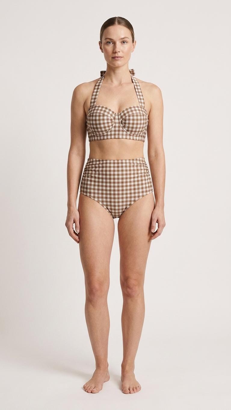 Coquette Vintage-Inspired High-Waist Bikini, Retro Pin-Up 50s Gingham Halter Two-Piece Swimsuit, Chocolate Brown