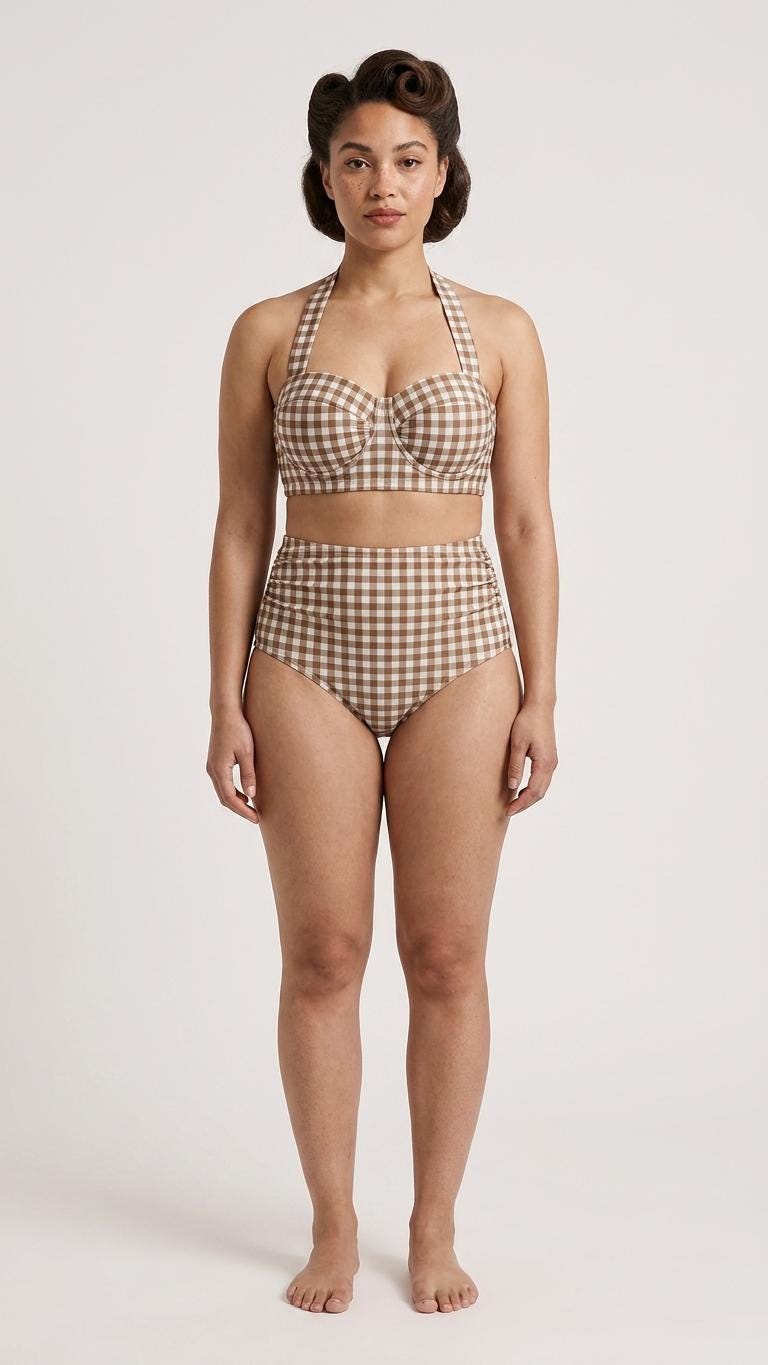 Coquette Vintage-Inspired High-Waist Bikini, Retro Pin-Up 50s Gingham Halter Two-Piece Swimsuit, Chocolate Brown