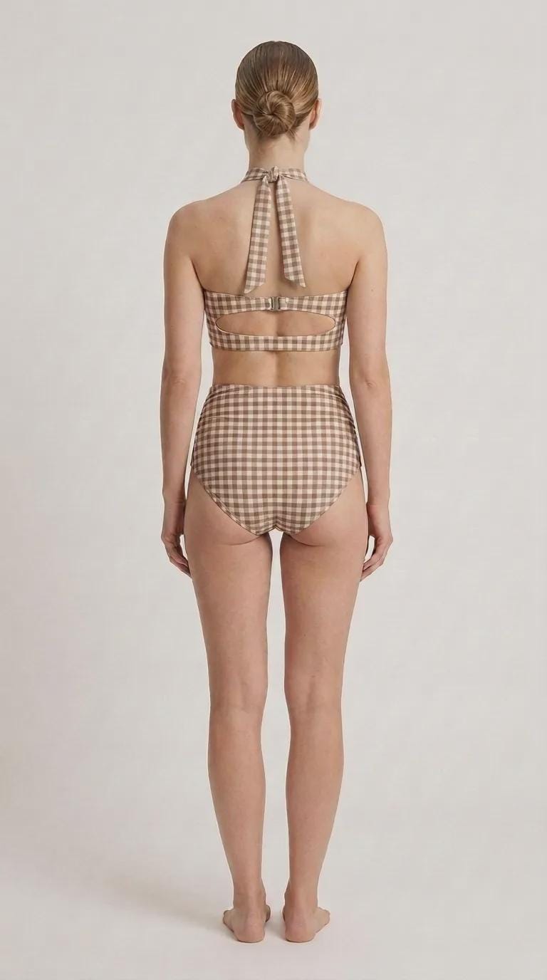 Coquette Vintage-Inspired High-Waist Bikini, Retro Pin-Up 50s Gingham Halter Two-Piece Swimsuit, Chocolate Brown