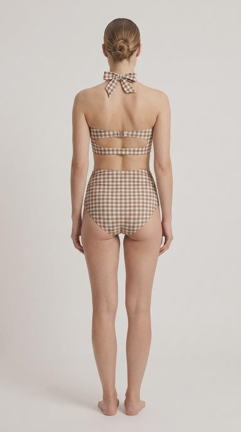 Coquette Vintage-Inspired High-Waist Bikini, Retro Pin-Up 50s Gingham Halter Two-Piece Swimsuit, Chocolate Brown