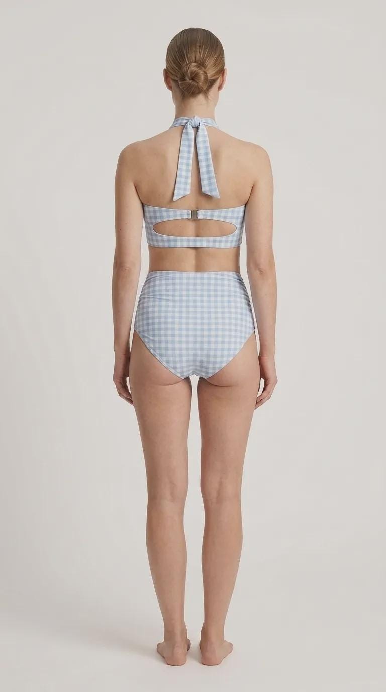 Retro Sweetheart High-Waist Bikini, Vintage-Inspired Checker Pin Up Halter Swimsuit, Blue Gingham