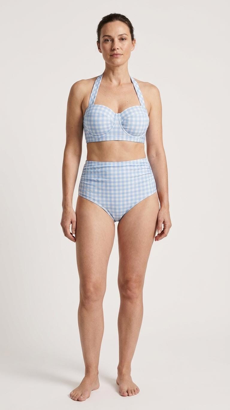 Retro Sweetheart High-Waist Bikini, Vintage-Inspired Checker Pin Up Halter Swimsuit, Blue Gingham