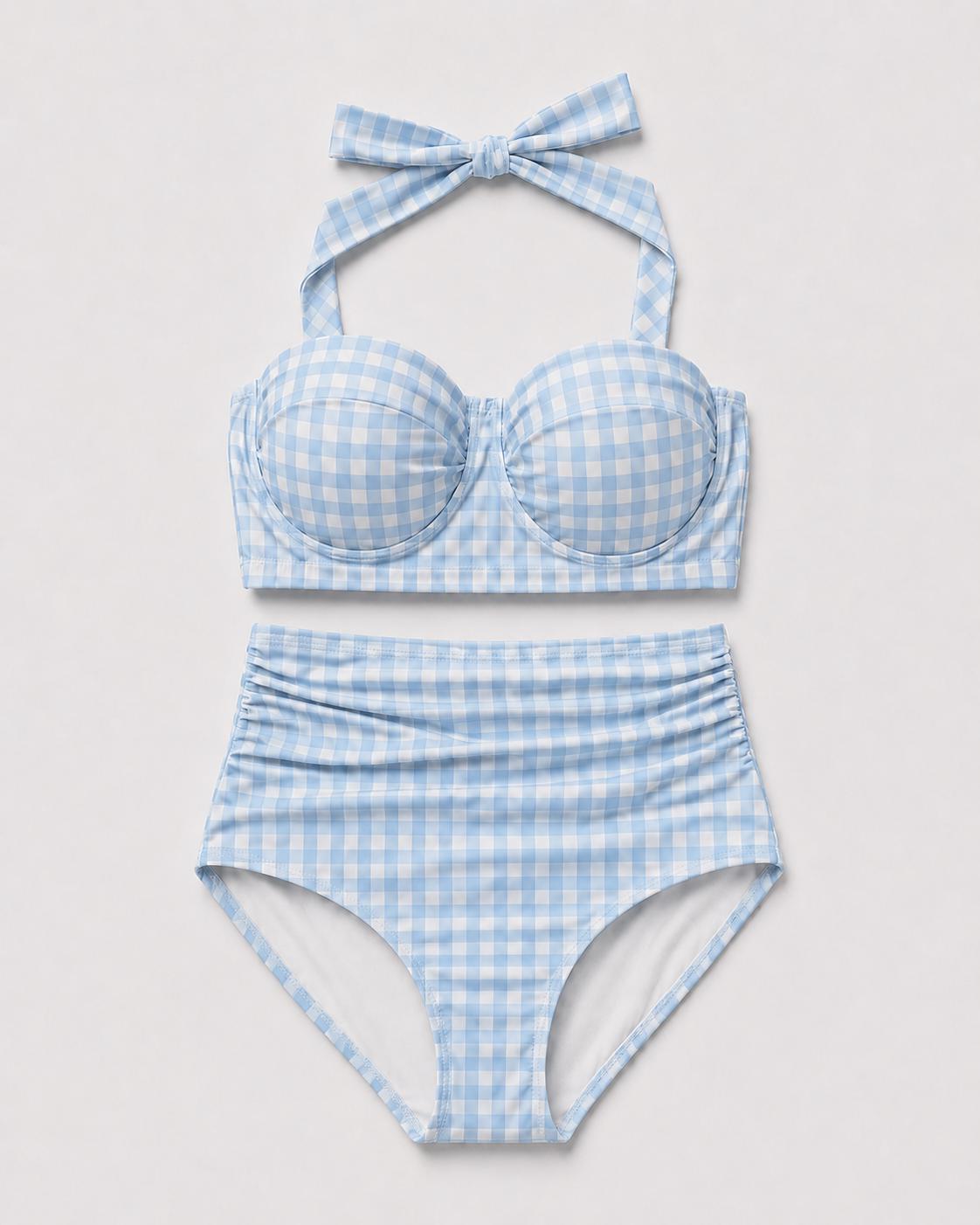 Retro Sweetheart High-Waist Bikini, Vintage-Inspired Checker Pin Up Halter Swimsuit, Blue Gingham