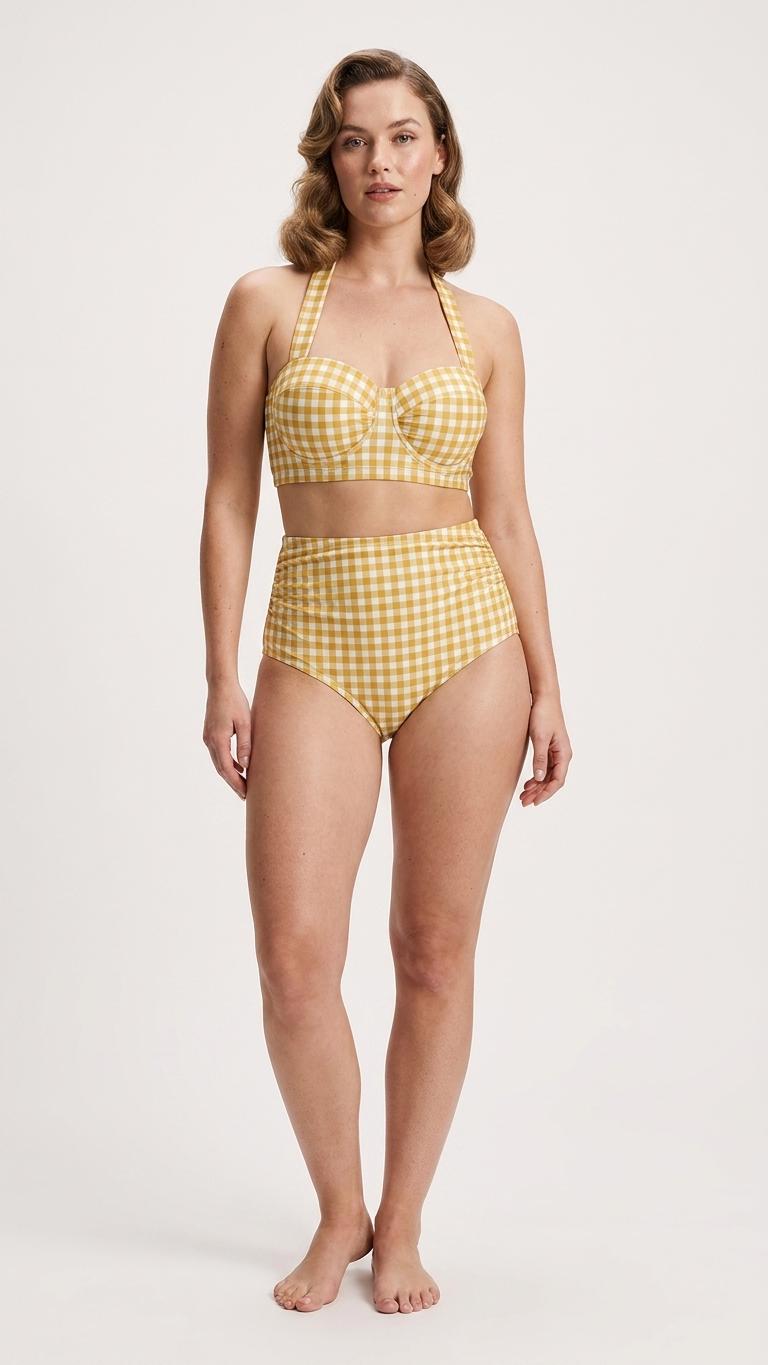 Retro Sweetheart High-Waist Bikini, Vintage-Inspired Checker Pin Up Halter Swimsuit, Mustard Yellow Gingham