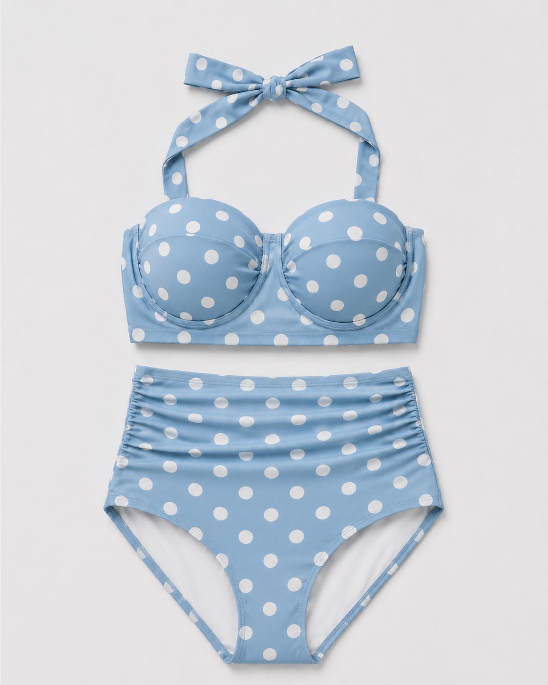 Retro Sweetheart High-Waist Bikini, Vintage-Inspired Checker Pin Up Halter Swimsuit, Blue Polka Dot