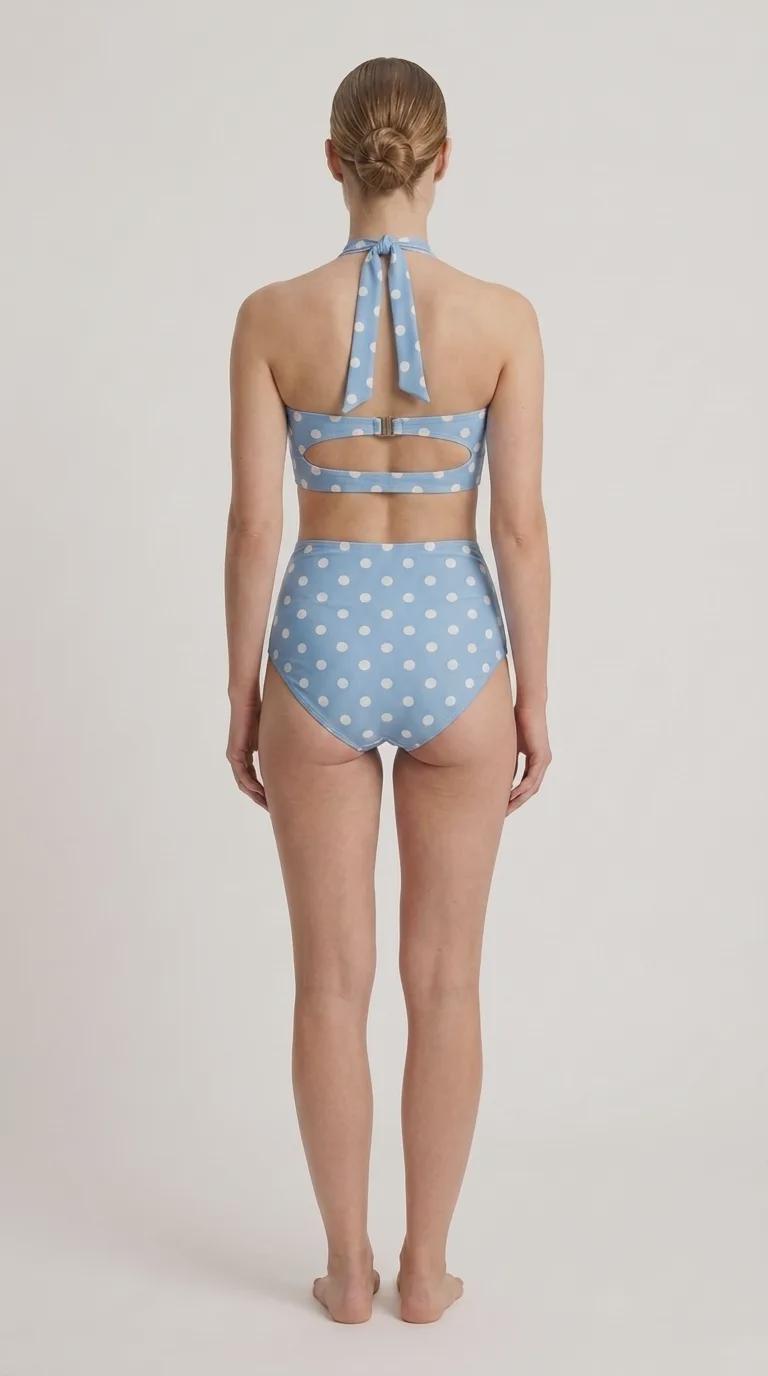 Retro Sweetheart High-Waist Bikini, Vintage-Inspired Checker Pin Up Halter Swimsuit, Blue Polka Dot