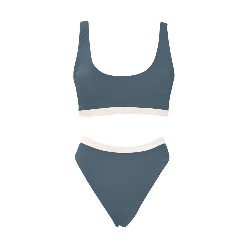 Blue and White Sporty Classic Bikini – High-Waist High-Leg Swimsuit, Scoop-Neck Crop-Top