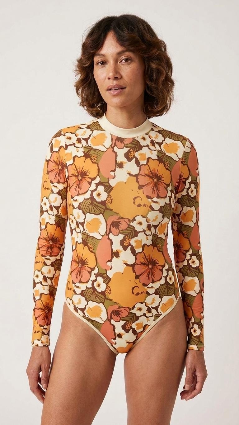 Boho 1960s Floral Psychedelic Retro Long-Sleeve One-Piece Swimsuit - Back Zipper - Soft Chest Pads