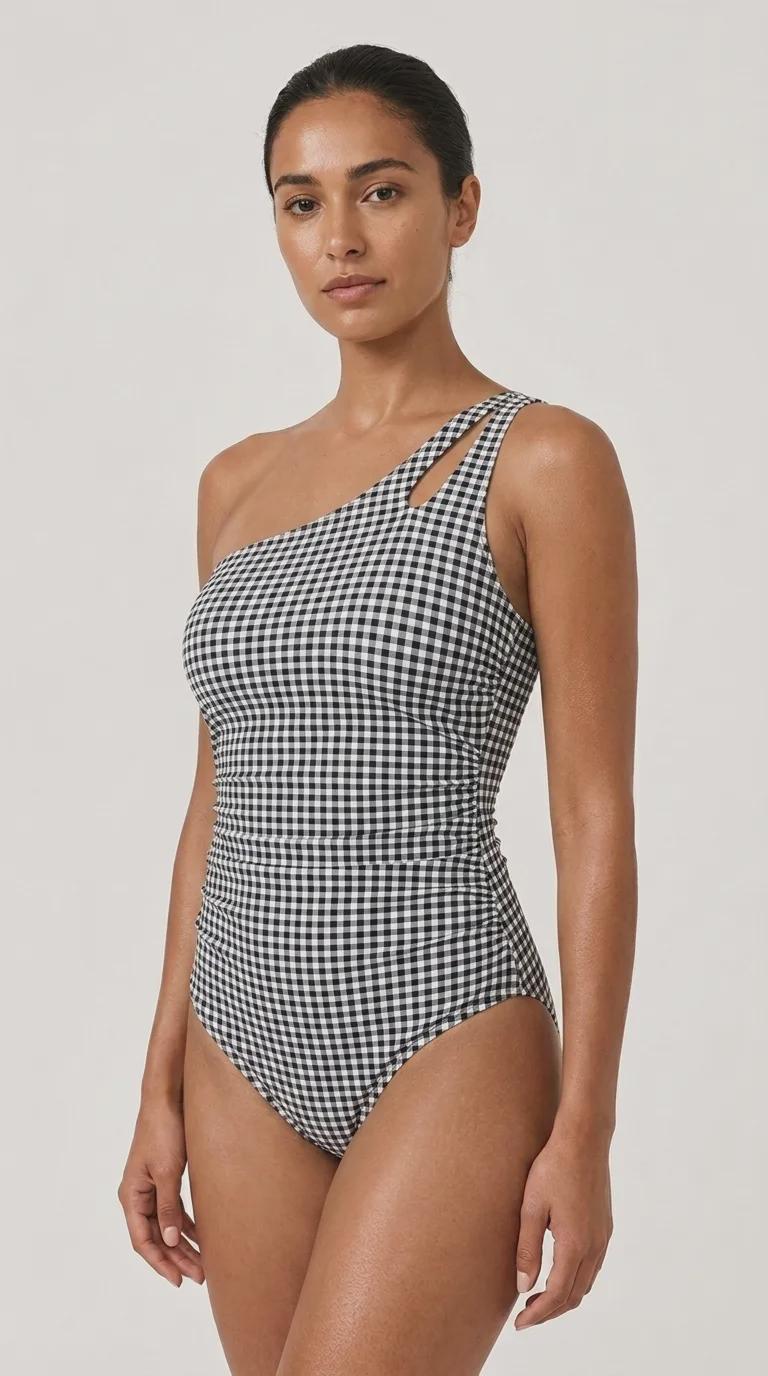 Retro One-Shoulder Ruched Swimsuit, Keyhole Strap & Tummy Control, Vintage-Inspired One-Piece, Black Gingham