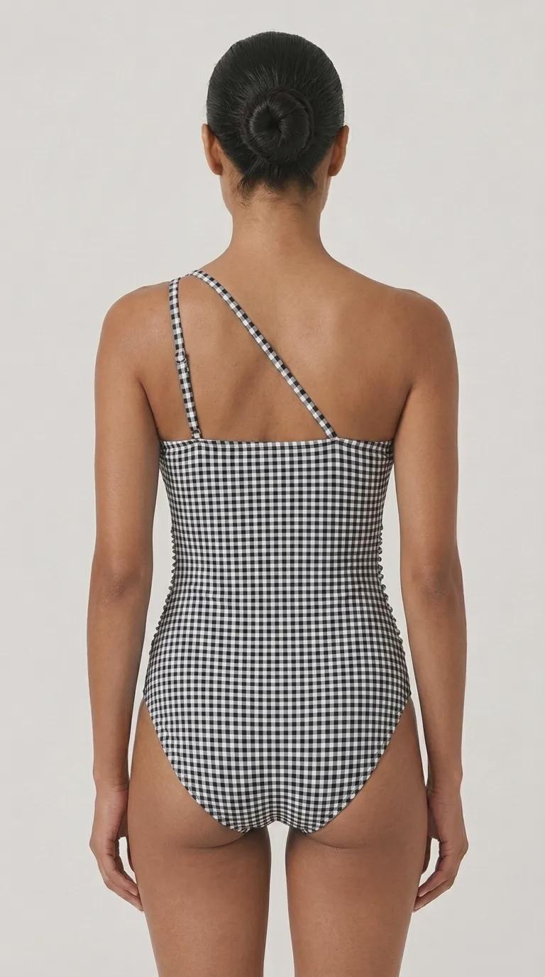 Retro One-Shoulder Ruched Swimsuit, Keyhole Strap & Tummy Control, Vintage-Inspired One-Piece, Black Gingham