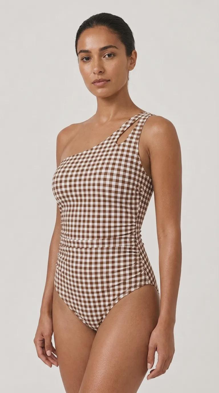 Retro One-Shoulder Ruched Swimsuit, Keyhole Strap & Tummy Control, Vintage-Inspired One-Piece, Brown Gingham