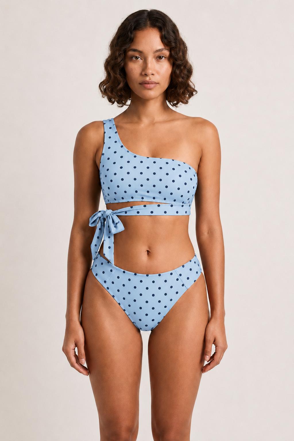 Blue Polka Dot One-Shoulder Two-Piece Bikini Swimsuit, Fully Lined