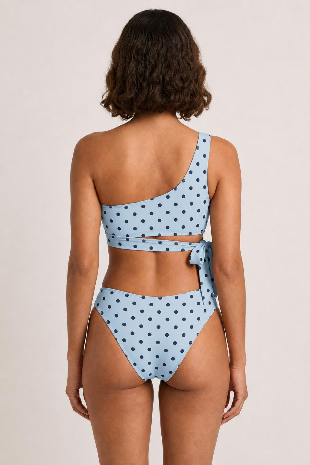 Blue Polka Dot One-Shoulder Two-Piece Bikini Swimsuit, Fully Lined
