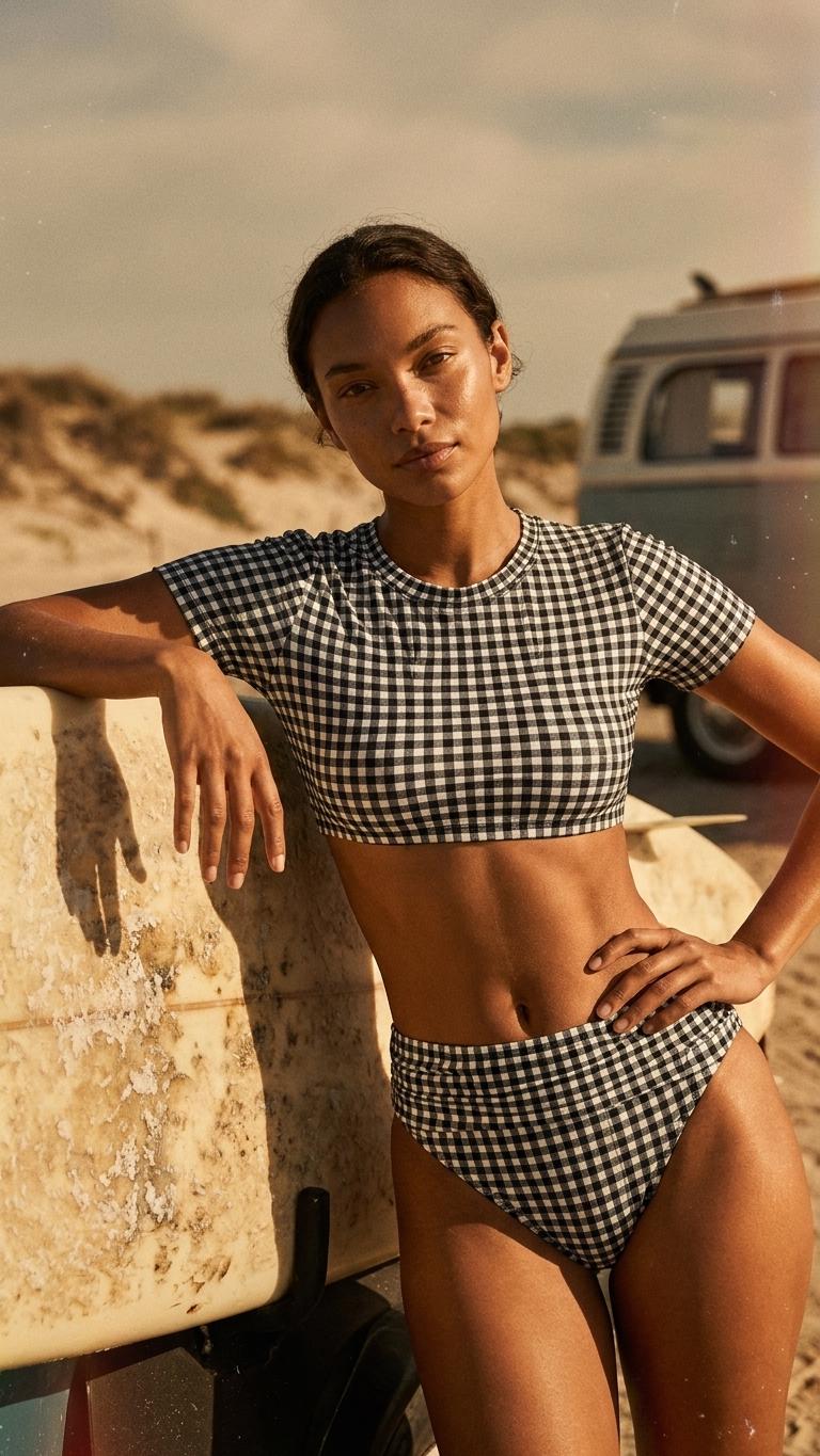 Swim Shirt Bikini with Ruched Detail | Crop-Top Rash-Guard Gingham Swimsuit Set