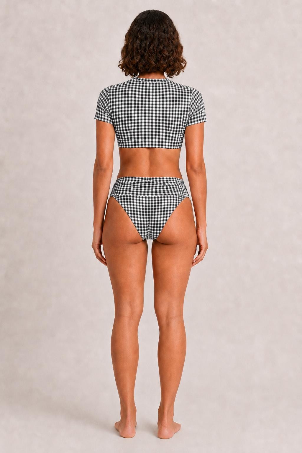 Swim Shirt Bikini with Ruched Detail | Crop-Top Rash-Guard Gingham Swimsuit Set