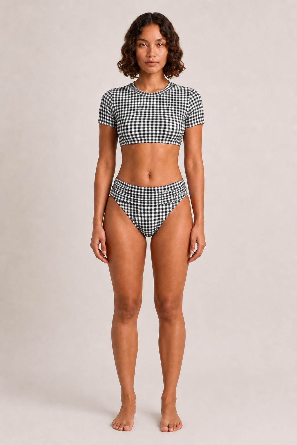 Swim Shirt Bikini with Ruched Detail | Crop-Top Rash-Guard Gingham Swimsuit Set