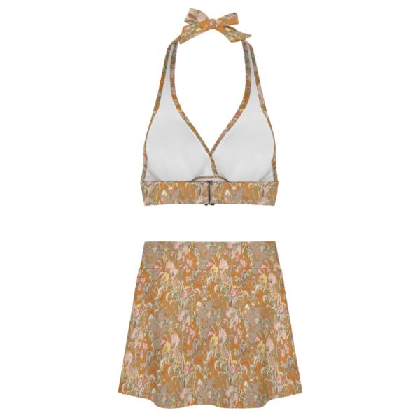 Ochre Vintage Art Nouveau Florals Retro Halter Tankini Skort Swim Set -Integrated Bottoms