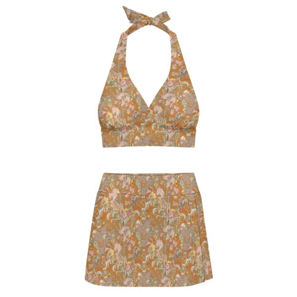Ochre Vintage Art Nouveau Florals Retro Halter Tankini Skort Swim Set -Integrated Bottoms
