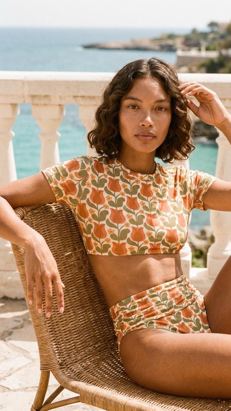 Swim Shirt Bikini with Ruched Detail | Crop-Top Rash-Guard Retro Florals Swimsuit Set