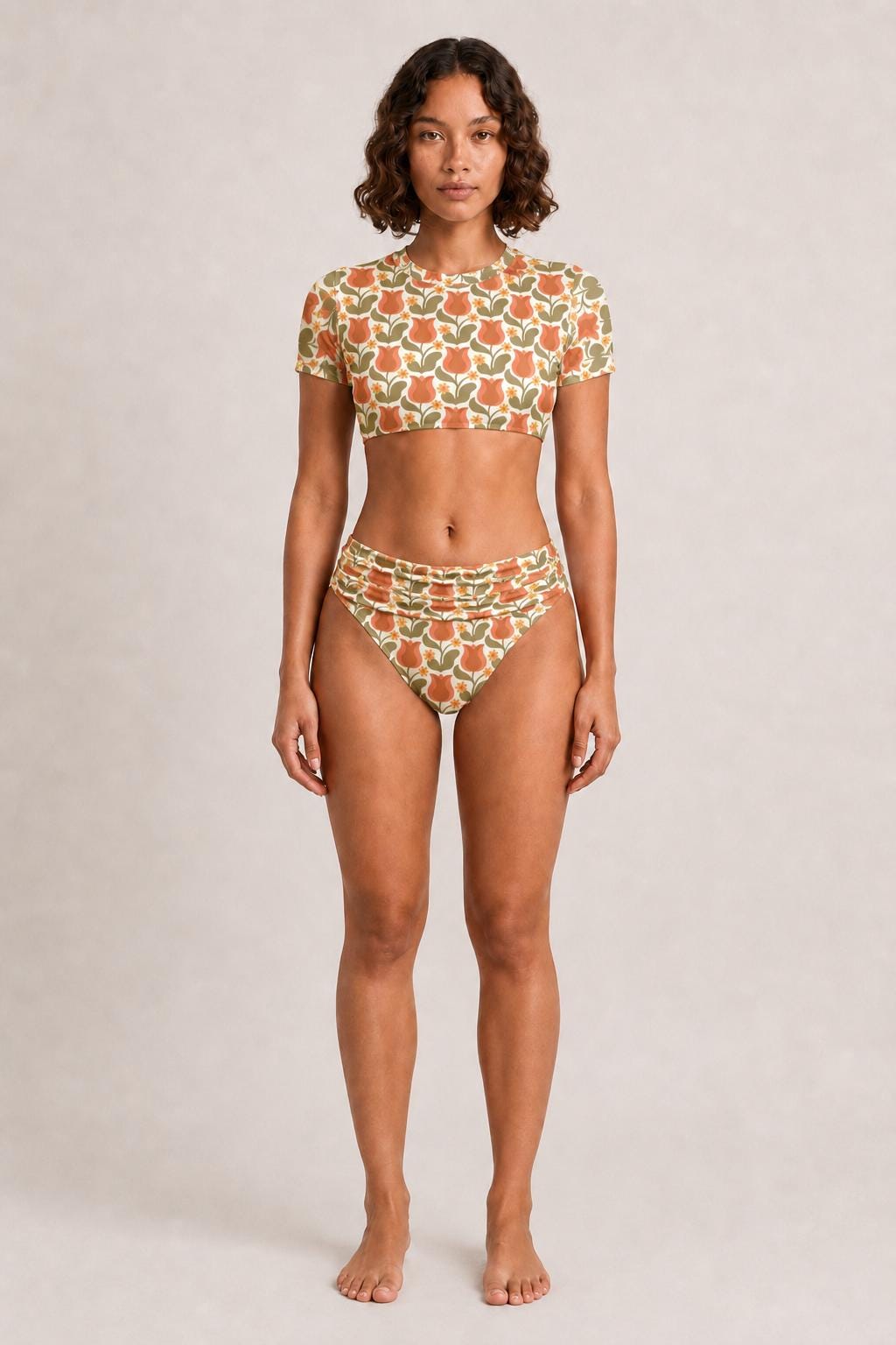 Swim Shirt Bikini with Ruched Detail | Crop-Top Rash-Guard Retro Florals Swimsuit Set