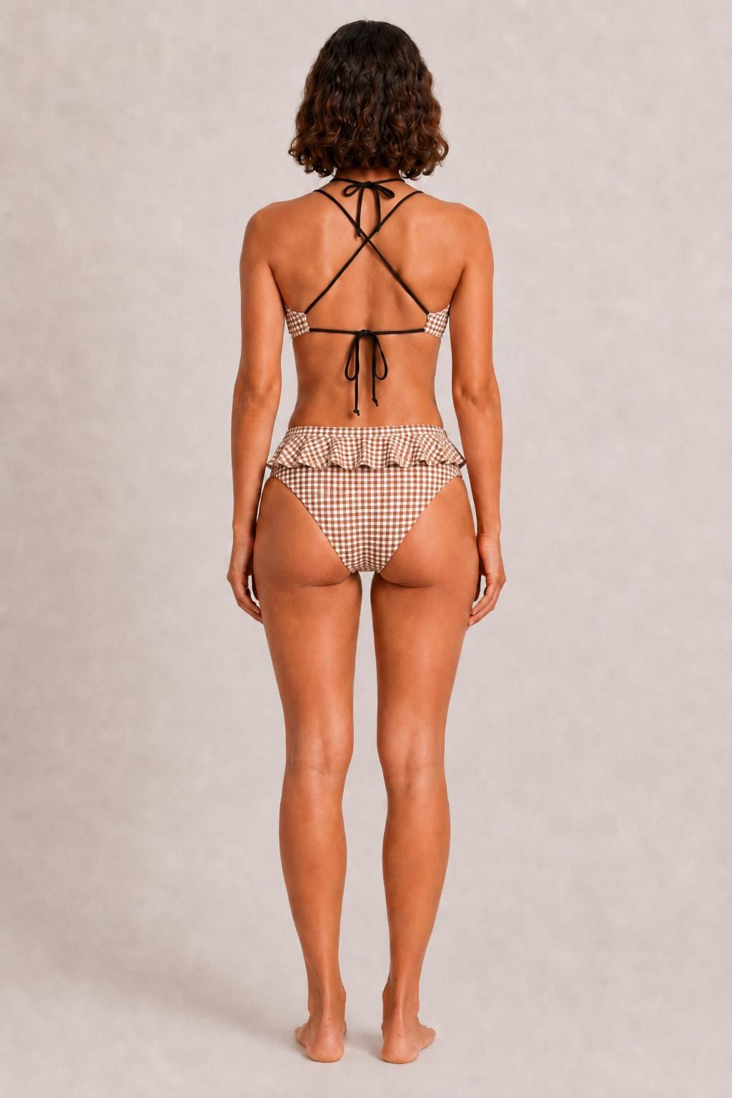 Retro Brown Gingham Ruffle Bikini with Black Lace-Up Straps