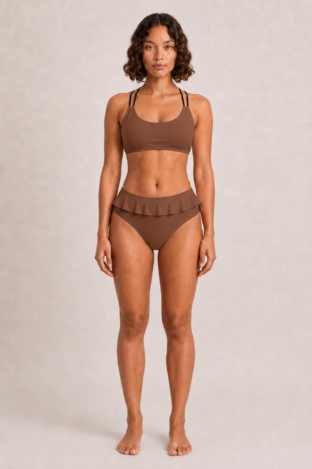 Retro Brown Ruffle Bikini with Black Lace-Up Straps