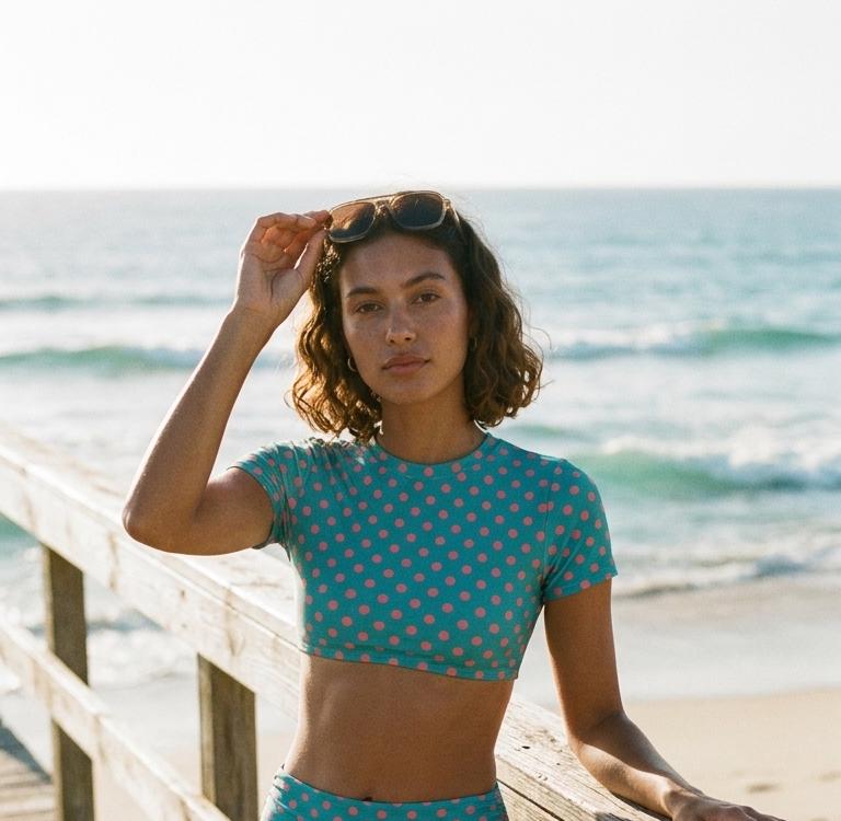 Swim Shirt Bikini with Ruched Detail | Crop-Top Rash-Guard Blue & Pink Polka-Dot Swimsuit Set