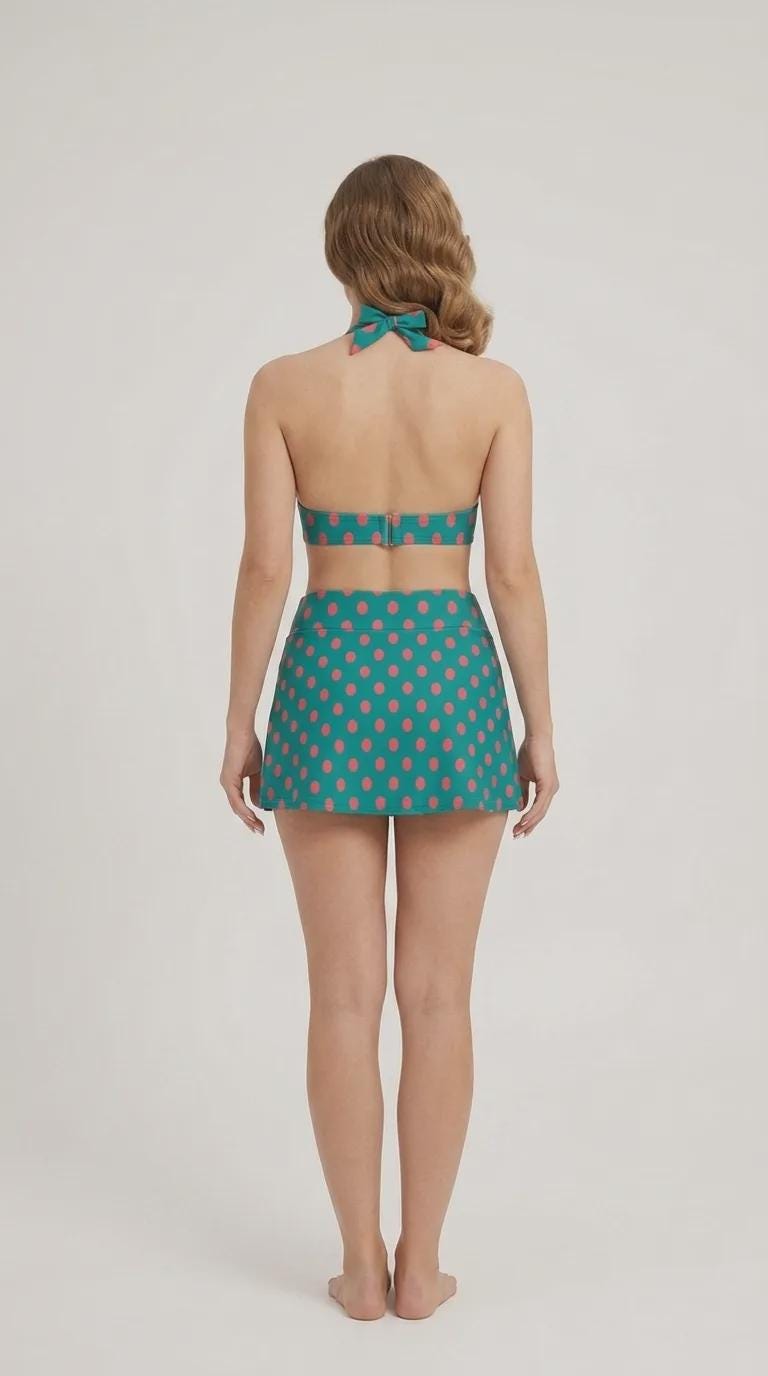 Blue & Pink Polka Dot Retro Halter Tankini Skort Swim Set with Integrated Bottoms