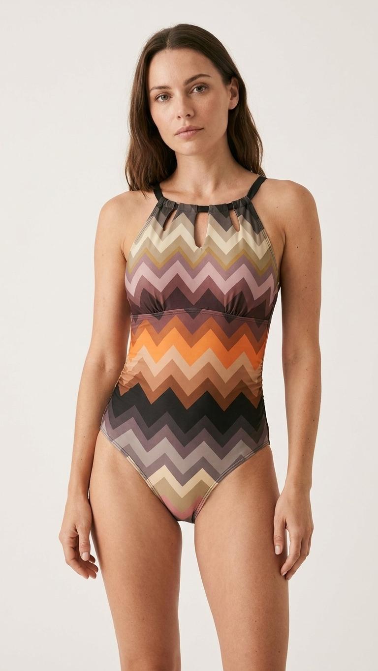 Halter Keyhole Cut-Out One-Piece Swimsuit, Lace-Up Back & Tummy Control, Retro Chevron