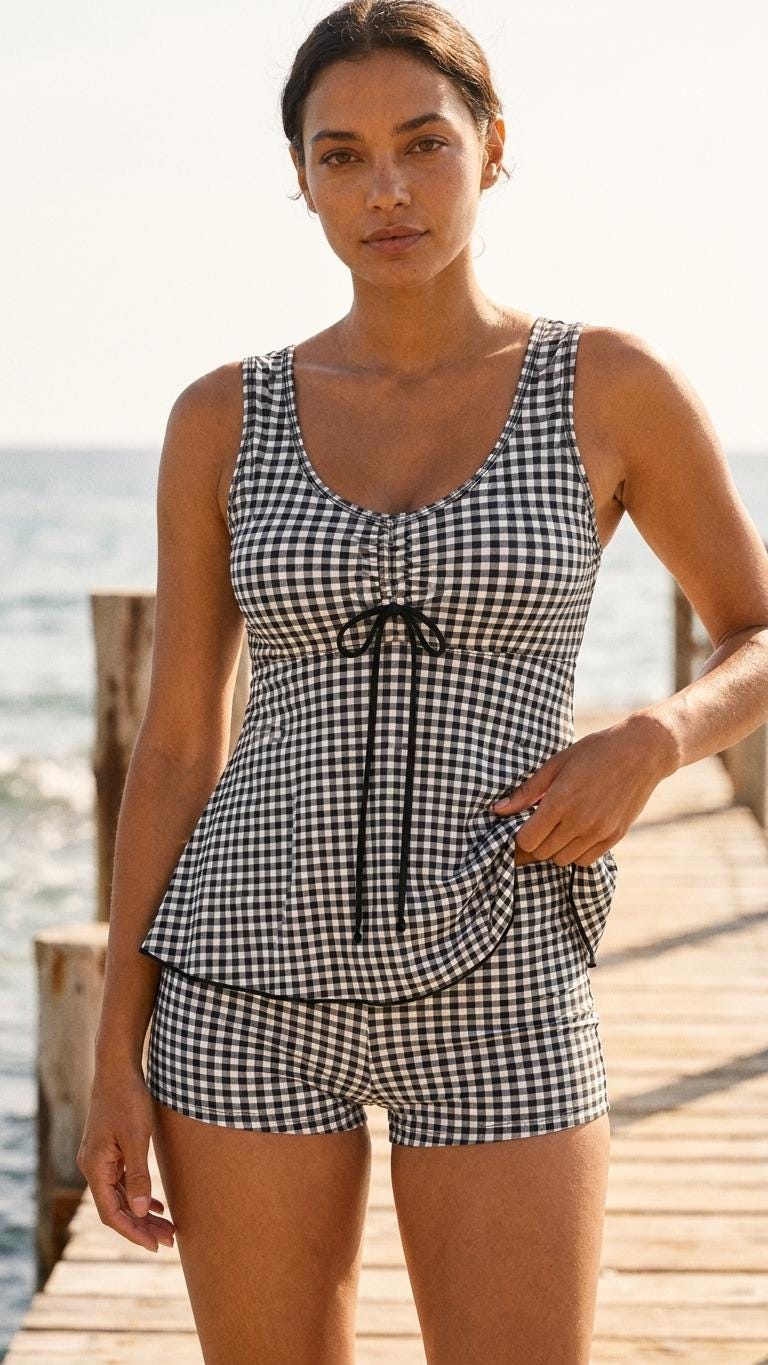Drawstring Tankini Two-Piece Swimsuit with Boyshort Bottoms, Black Gingham