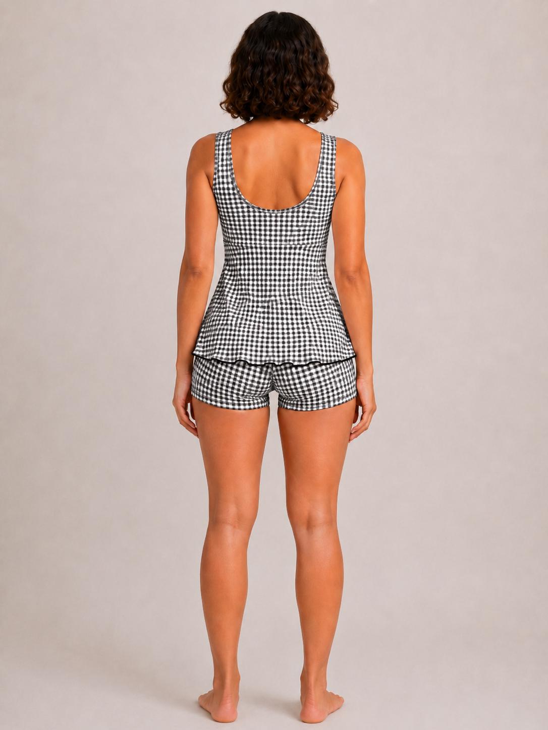 Drawstring Tankini Two-Piece Swimsuit with Boyshort Bottoms, Black Gingham